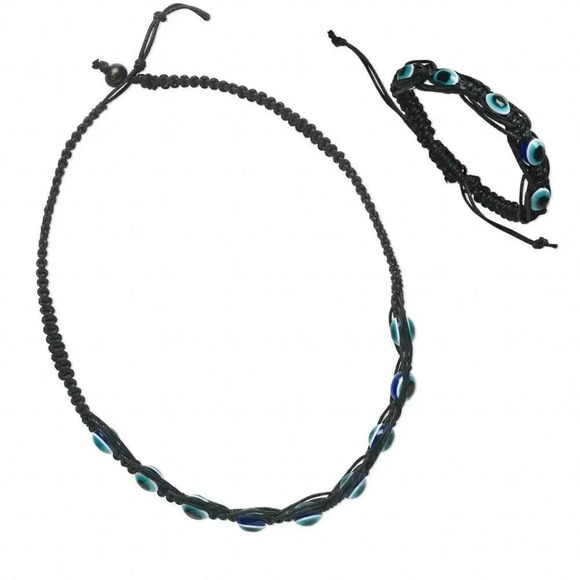 Black Blue Evil Eye Macrame Boho Necklace Bracelet Jewelry Set - Picture 1 of 1